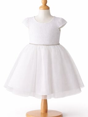 White Girls Embellished Waist Tulle Formal Dress